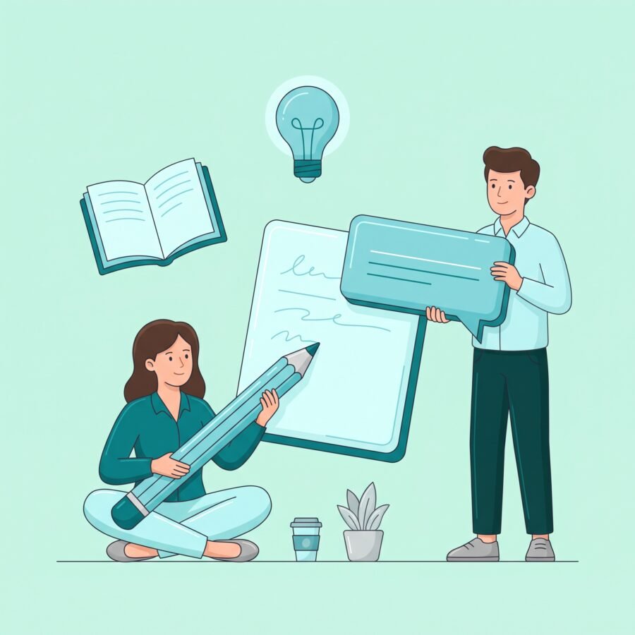 Ilustrație copywriting — texte scrise pentru paginile unui site care convinge