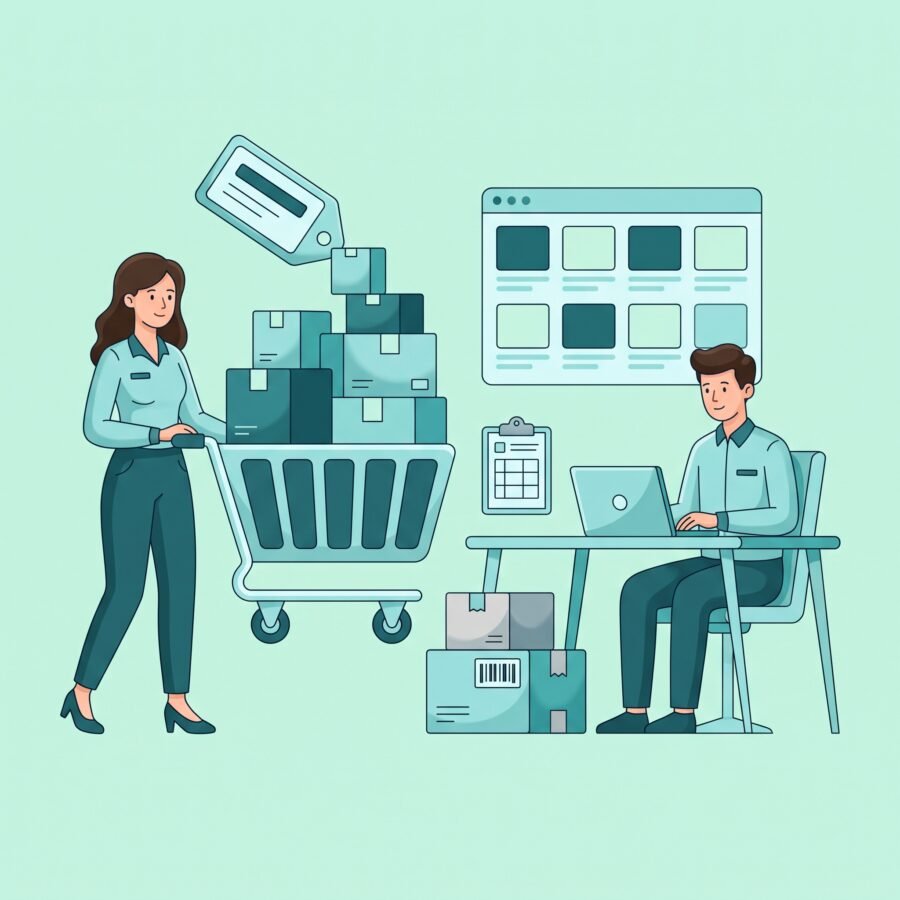 Ilustrație e-commerce management — produse, stocuri și comenzi ținute la zi într-un magazin online