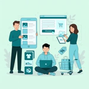 Ilustrație magazin online WooCommerce — echipă care creează un shop care vinde