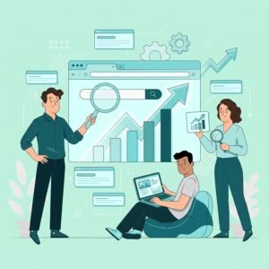 Ilustrație optimizare SEO — echipă care crește un website în rezultatele căutărilor Google