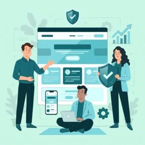 Ilustrație website de prezentare profesional — echipă care construiește un site care inspiră încredere